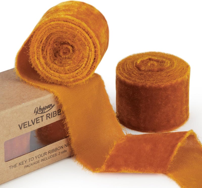 Keypan Orange Velvet Ribbon for 1-1/2 inch Wide Handmade Fringe Fabric Fall Terracotta Ribbons for Christmas Decorations, Baby Shower, Flower Bouquet Gift Wrapping - Image 1